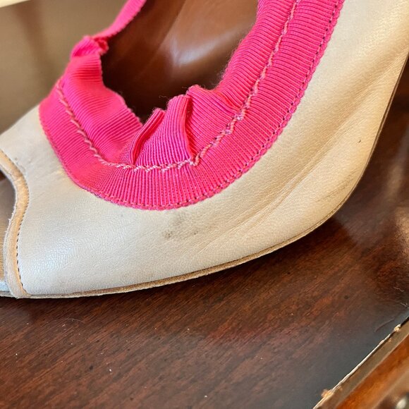 LANVIN Eté 2009 Beige and Pink Canvas Slingback Peep Toe Sandals Size 37.5 - Picture 13 of 15